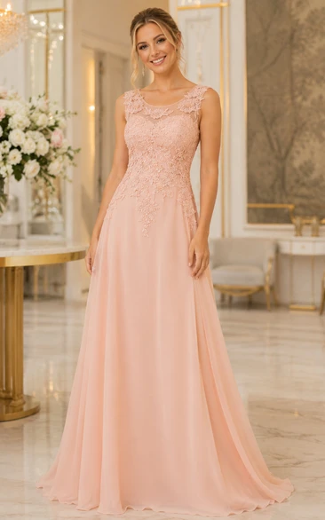 A-line Maxi Beading Appliques Zipper Chiffon Lace Dress