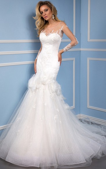 Mermaid Floor-Length Scoop Neck Floral Long Sleeve Tulle Wedding Dress