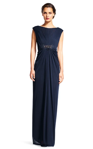 Pencil Floor-Length Cap-Sleeve Jewel-Neck Ruched Chiffon Bridesmaid Dress With Waist Jewellery