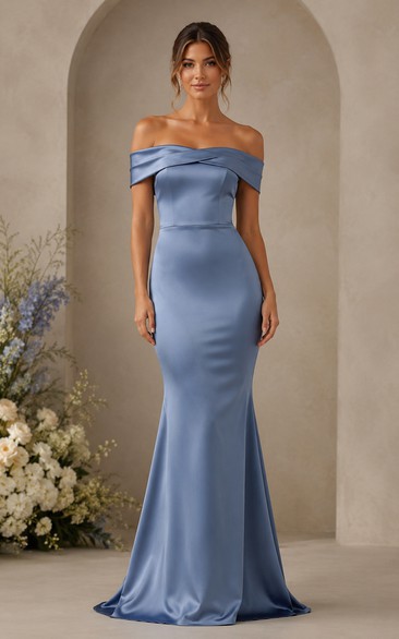 Steel Blue Satin Off-the-shoulder Mermaid Bridesmaid Dress