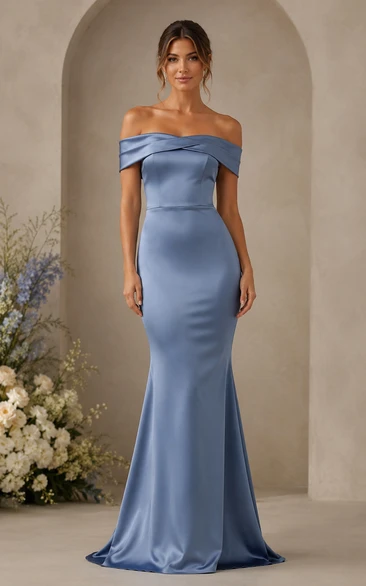 Steel Blue Satin Off-the-shoulder Mermaid Bridesmaid Dress