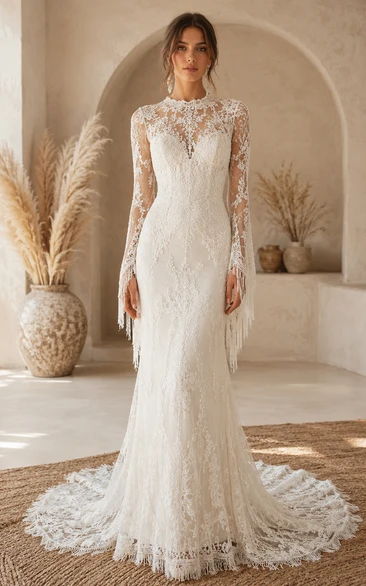 Boho High Neck Lace Mermaid Wedding Dress with Illusion Long Sleeves, Fringe Cuffs & Vintage Train