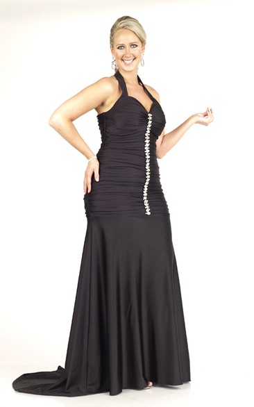 Sheath Floor-length Halter Sleeveless Jersey Beading Ruching Sweep Train Zipper Dress