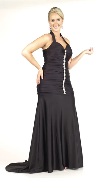 Sheath Floor-length Halter Sleeveless Jersey Beading Ruching Sweep Train Zipper Dress