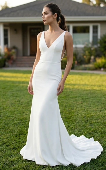 V-Neck Satin Mermaid Wedding Gown with V-Back