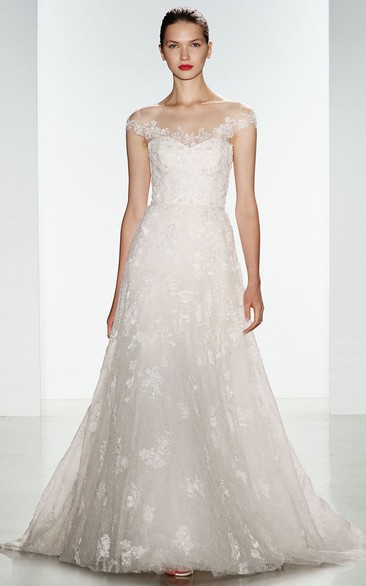 A-Line Floor-Length Off-The-Shoulder Appliqued Lace Wedding Dress