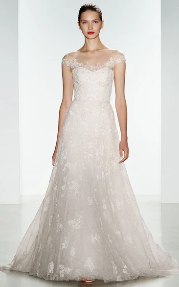 A-Line Floor-Length Off-The-Shoulder Appliqued Lace Wedding Dress