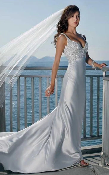 sheath Spaghetti Straps Sleeveless Court Train Elastic Woven Satin Simple Wedding Dress
