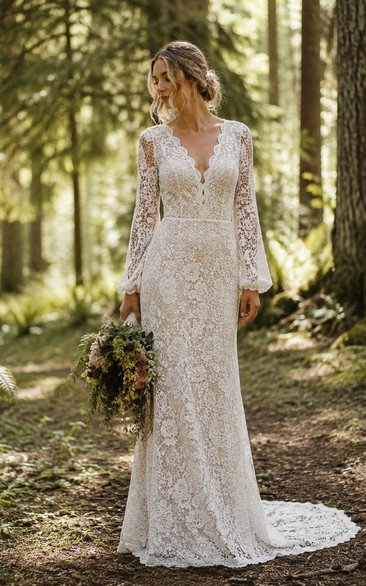Boho Lace Mermaid Wedding Dress with Deep V-Neck, Long Sleeves & Fitted Woodland Bridal Train