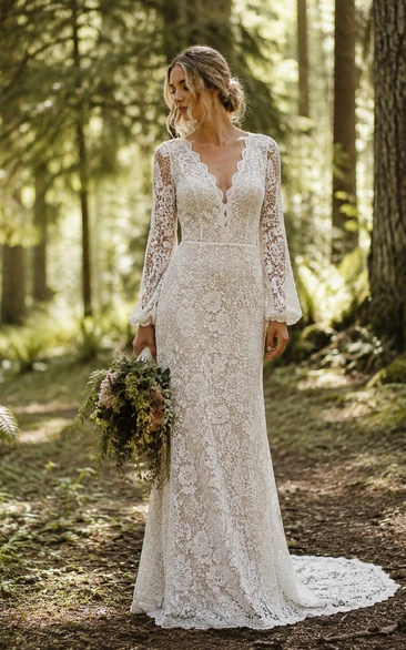 Boho Lace Mermaid Wedding Dress with Deep V-Neck, Long Sleeves & Fitted Woodland Bridal Train