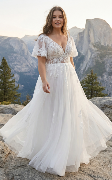 Plus Size Lace Cap Sleeve A-Line Wedding Dress with Illusion Bodice