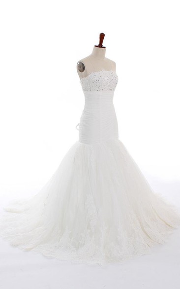 Ball Gown Trumpet Maxi Off-The-Shoulder One-Shoulder Straps Scalloped Sleeveless Bell Pleats Beading Appliques Court Train Lace-Up Back Straps Tulle Lace Organza Dress