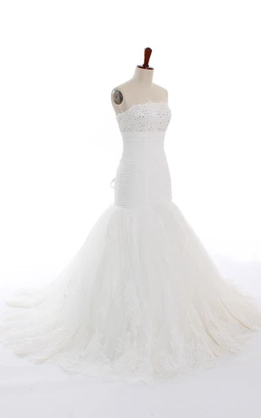 Ball Gown Trumpet Maxi Off-The-Shoulder One-Shoulder Straps Scalloped Sleeveless Bell Pleats Beading Appliques Court Train Lace-Up Back Straps Tulle Lace Organza Dress