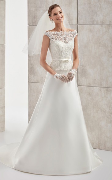 Jewel-Neck Cap-Sleeve Satin Wedding Dress With Lace Bodice