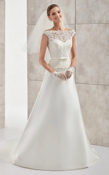 Jewel-Neck Cap-Sleeve Satin Wedding Dress With Lace Bodice