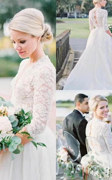 3 4 Long Sleeve Open Back Vintage Lace Pearls V-Neck Modest Wedding Dresses