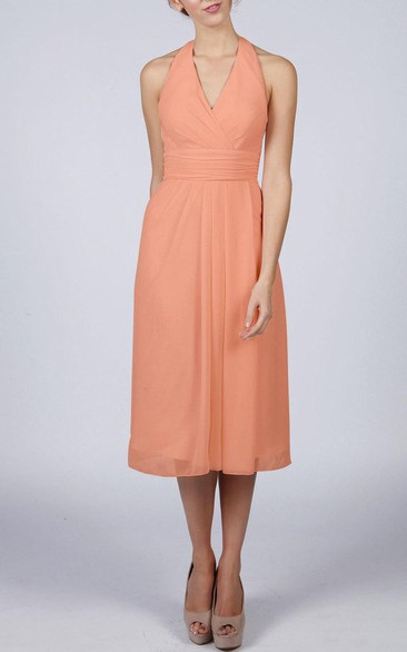 Halter V Neck A-line Chiffon Tea Length Dress With Pleats