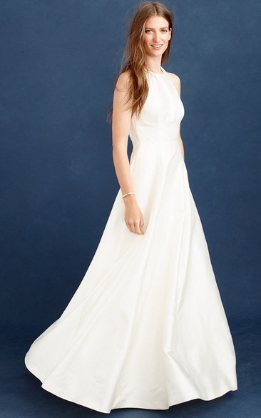 A-Line Long Scoop-Neck Sleeveless Satin Wedding Dress