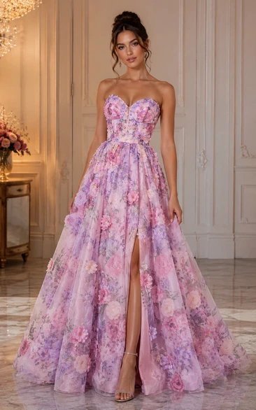 Organza Prom Dress in Blushing Pink, Strapless, Sweetheart A-Line Floor-Length Gown with Floral Print