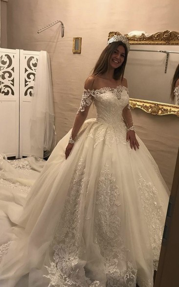 Illusion Lace Long Sleeve Luxury Off-the-shoulder Ballgown Princess Wedding  Dress With Keyhole Back