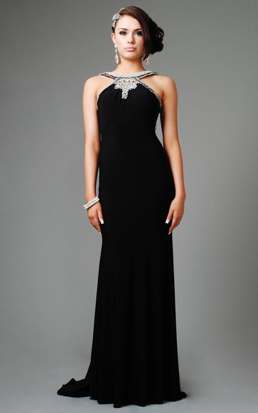 Jewel Neck Beaded Sleeveless Chiffon Evening Dress