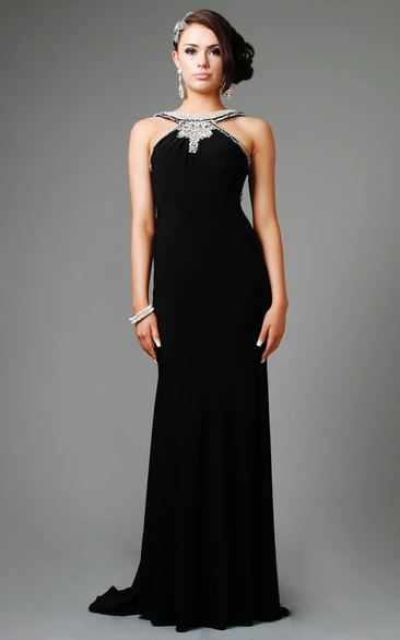 Jewel Neck Beaded Sleeveless Chiffon Evening Dress