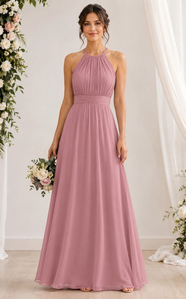 Dusty Rose Chiffon Halter A-Line Bridesmaid Dress