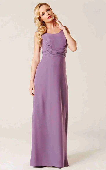 Ruched Sleeveless Scoop Neck Chiffon Bridesmaid Dress With Illusion Back