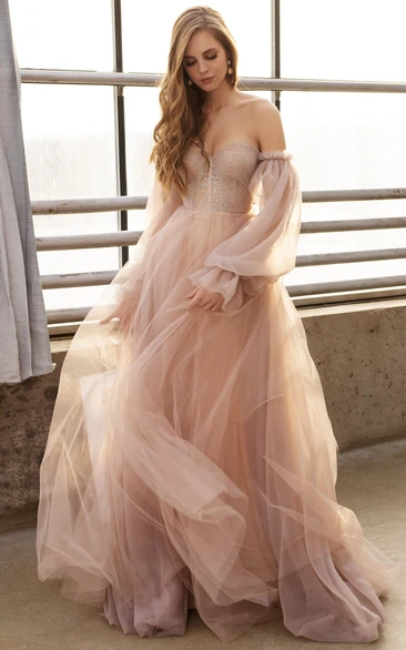 Flowy Sweetheart Blush Puff-long-sleeve Tulle Empire Boho Wedding Dress with Beaded Top