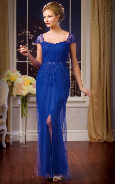 Cap-Sleeved Square-Neck Mother Of The Bride Dress With Front Slit And Sequins