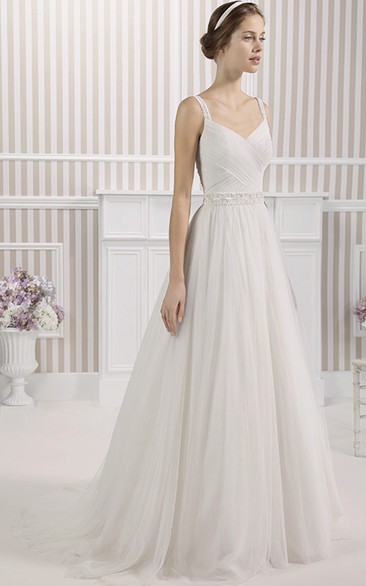 A-Line Sleeveless Floor-Length Strapless Jeweled Tulle Wedding Dress With Ruching And Low-V Back