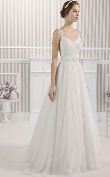A-Line Sleeveless Floor-Length Strapless Jeweled Tulle Wedding Dress With Ruching And Low-V Back