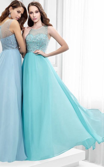 Scoop-Neck Beaded Sleeveless Floor-Length Chiffon Prom Dress