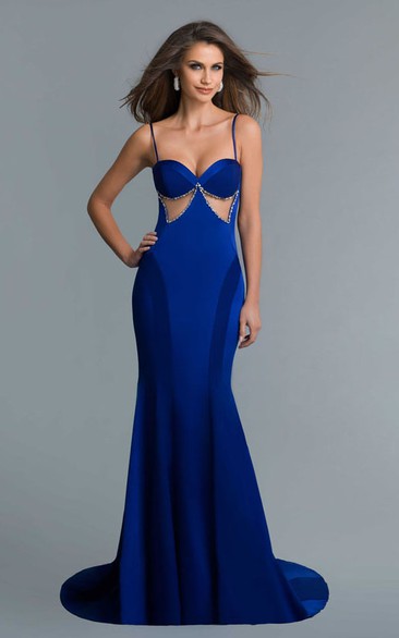 Sheath Spaghetti Sleeveless Jersey Backless Dress With Beading And Bow