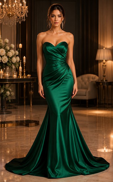 Satin Evening Dress in Dark Green, Strapless, Sweetheart Mermaid Sweep Train Gown with Drape and Pleats