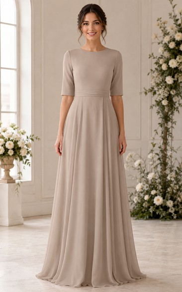 Taupe Half Sleeve Jewel Neck Chiffon A-Line Bridesmaid Dress