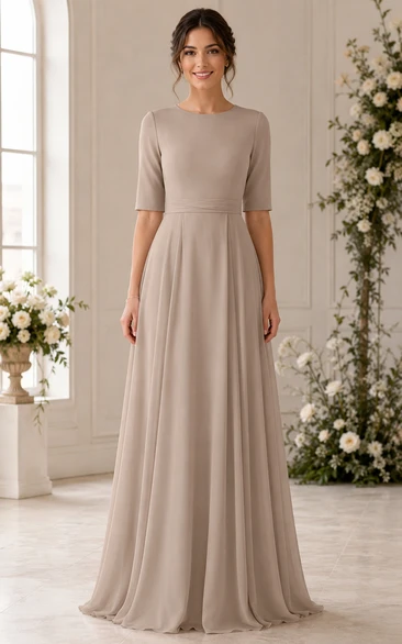 Taupe Half Sleeve Jewel Neck Chiffon A-Line Bridesmaid Dress