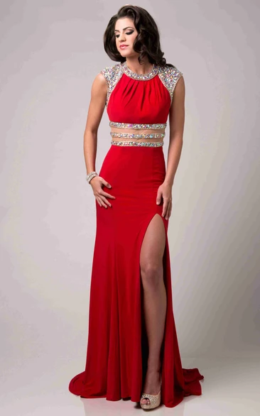Side Slit Jewel Neck Chiffon Prom Dress Featuring Glimmering Waist And Shoulder