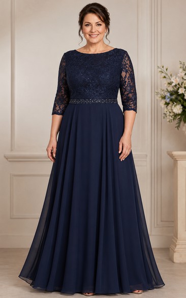 Plus Size A-Line Bateau 3/4 Length Sleeve Chiffon Mother Dress with Lace