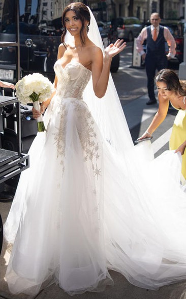 Sweetheart Criss-cross Empire A-line Tulle Applique Wedding Dress with Sweep Train