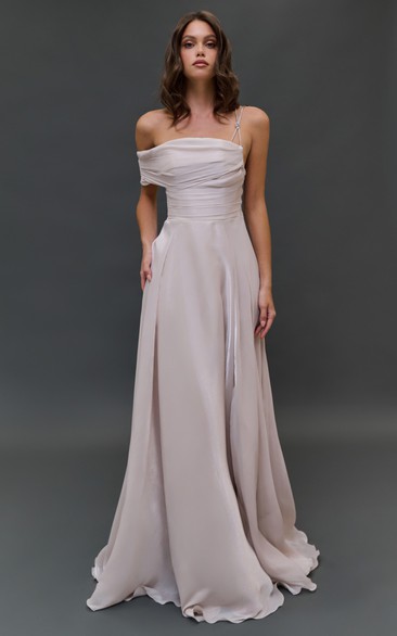 Pink Asymmetrical Empire Floor-length Dress with Ruched Top
