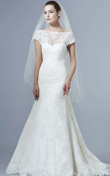 Mermaid Bateau Neck Cap Sleeve Appliqued Lace Wedding Dress