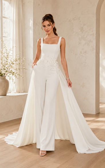 White Square Neck Bridal Jumpsuit with Overskirt Train