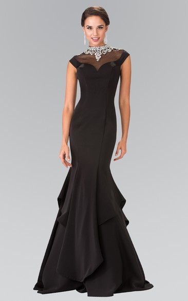 Mermaid Long High Neck Cap-Sleeve Satin Illusion Dress With Beading And Draping