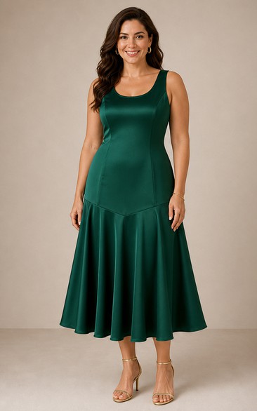 Dark Green Scoop Neck Satin Fit-and-Flare Dress