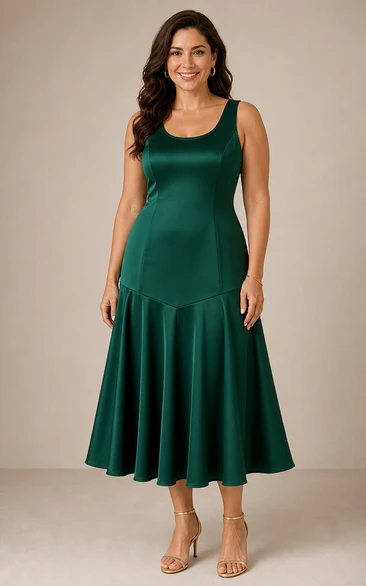 Dark Green Scoop Neck Satin Fit-and-Flare Dress
