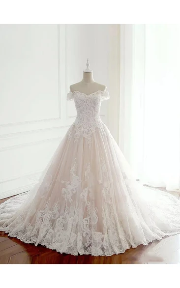 Off-the-shoulder A-line Floor-length Chapel Train Sleeveless Lace Tulle Wedding Dress with Lace-up Back