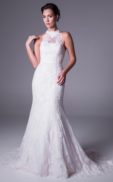 Trumpet Appliqued High-Neck Sleeveless Long Lace Wedding Dress
