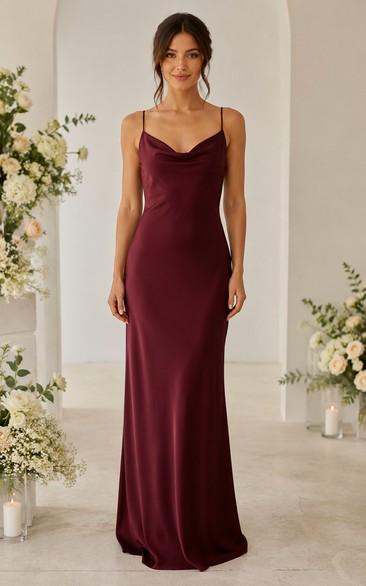 Burgundy Cowl Back Satin Bridesmaid Dress
