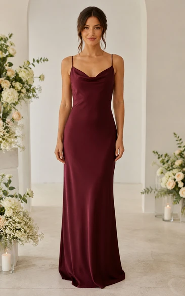 Burgundy Cowl Back Satin Bridesmaid Dress